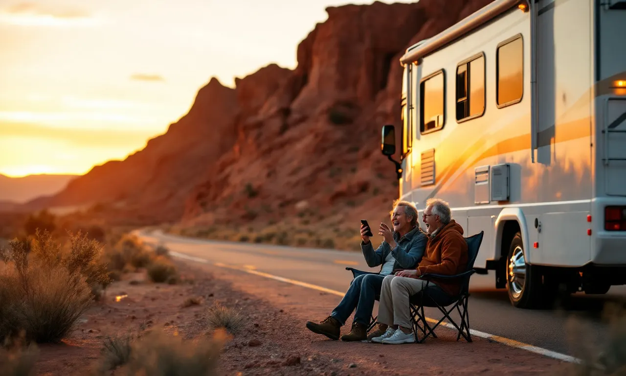 An RV couple stranded beside their motorhome on a desert highway at sunset